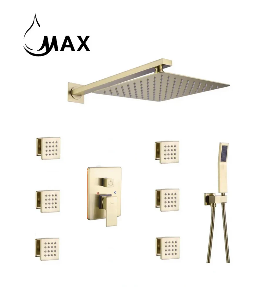 MAX Faucets brushed gold wall shower system with rainfall shower head, handheld shower and 6 body jets