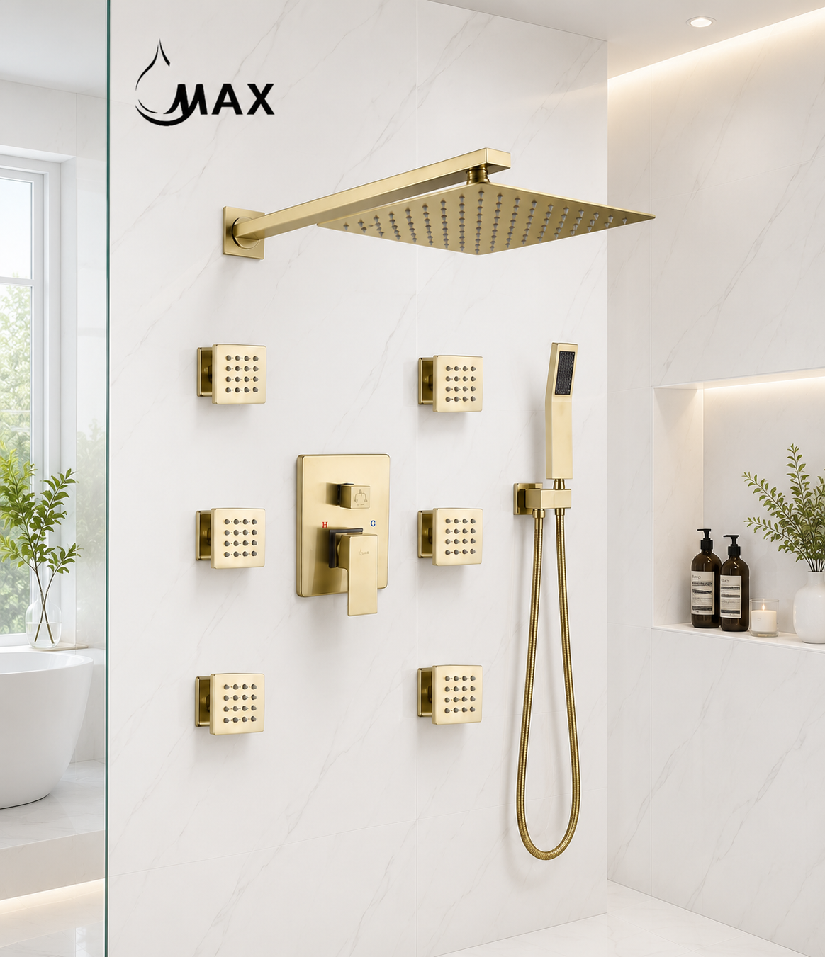 Luxury bathroom featuring MAX Faucets brushed gold shower system with rainfall shower head and body jets