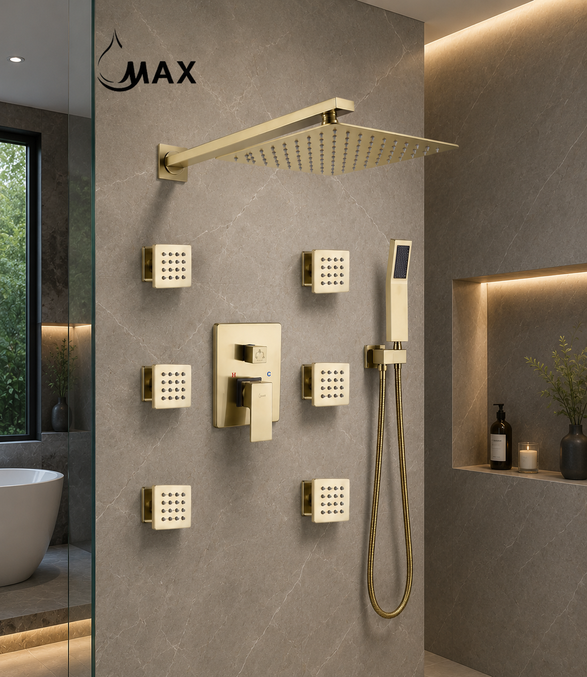 Luxury bathroom featuring MAX Faucets brushed gold shower system with rainfall shower head and body jets