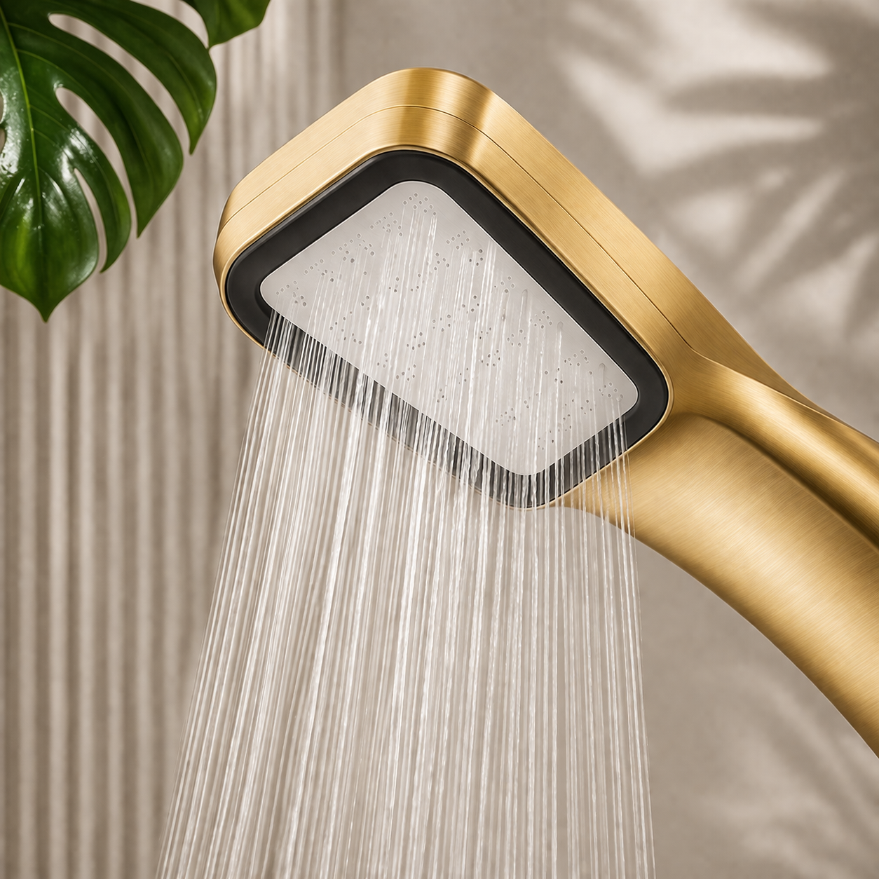 Hand holding brushed gold slim handheld shower with water flow