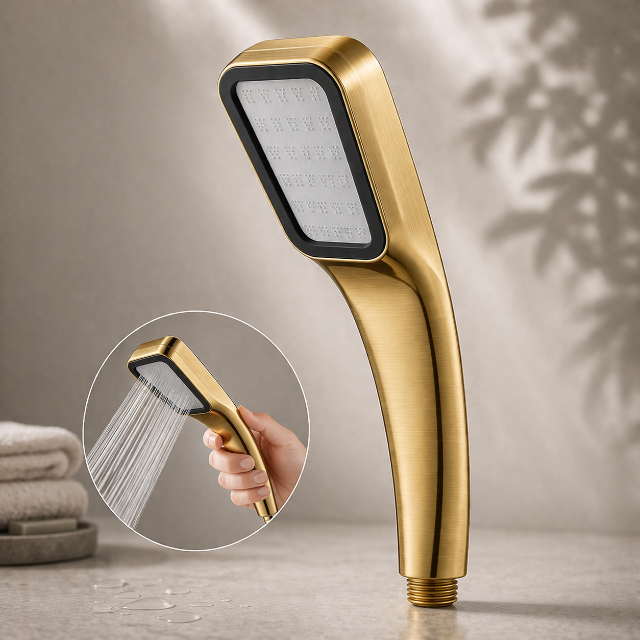 Brushed gold slim handheld shower with modern minimalist design