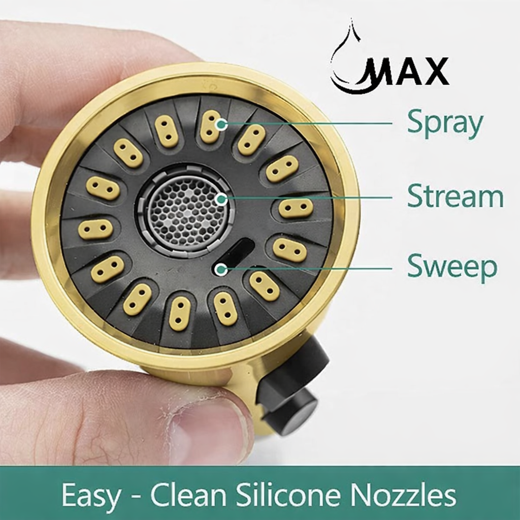 Front view of MAX Faucets brushed gold kitchen faucet replacement spray head