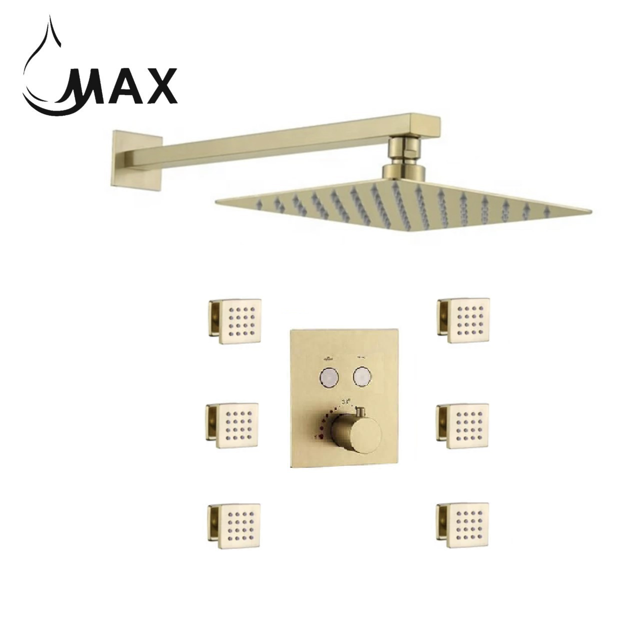 MAX Faucets brushed gold thermostatic shower system with 6 body jets