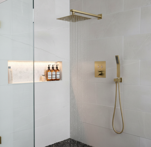 MAX Faucets | Thermostatic Shower System Set Two Functions With Push-Buttons and Pressure Balance Valve Brushed Gold Finish