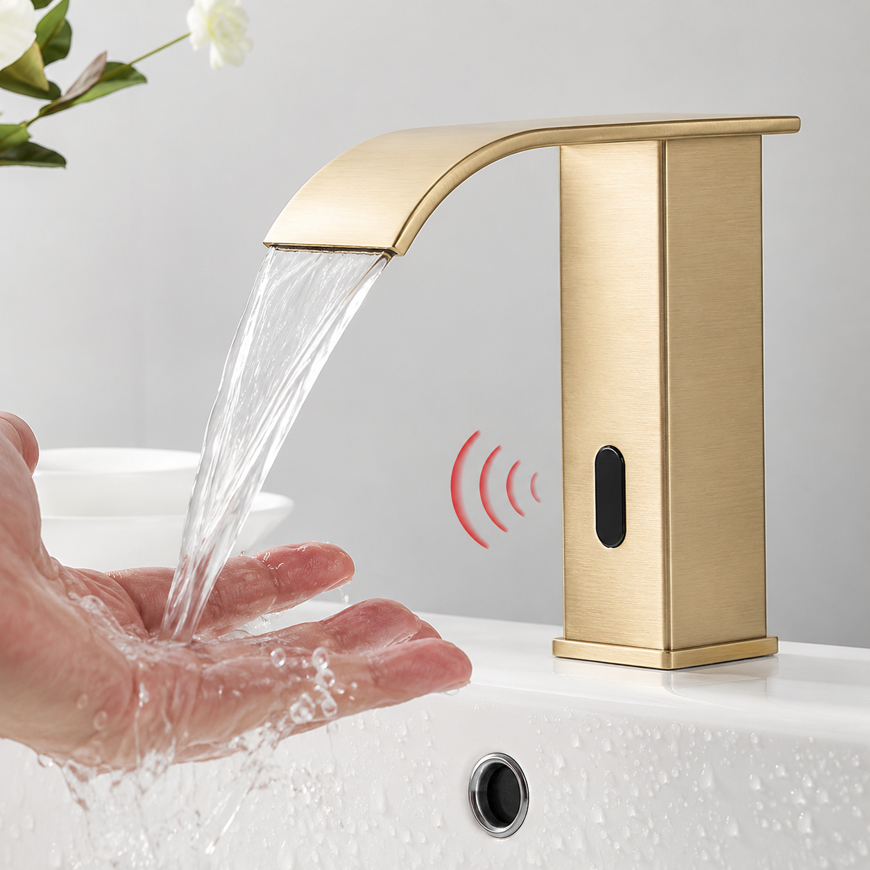 MAX Faucets Touchless Bathroom Faucet in Brushed Gold with Automatic Motion Sensor and Thermostatic Valve Control