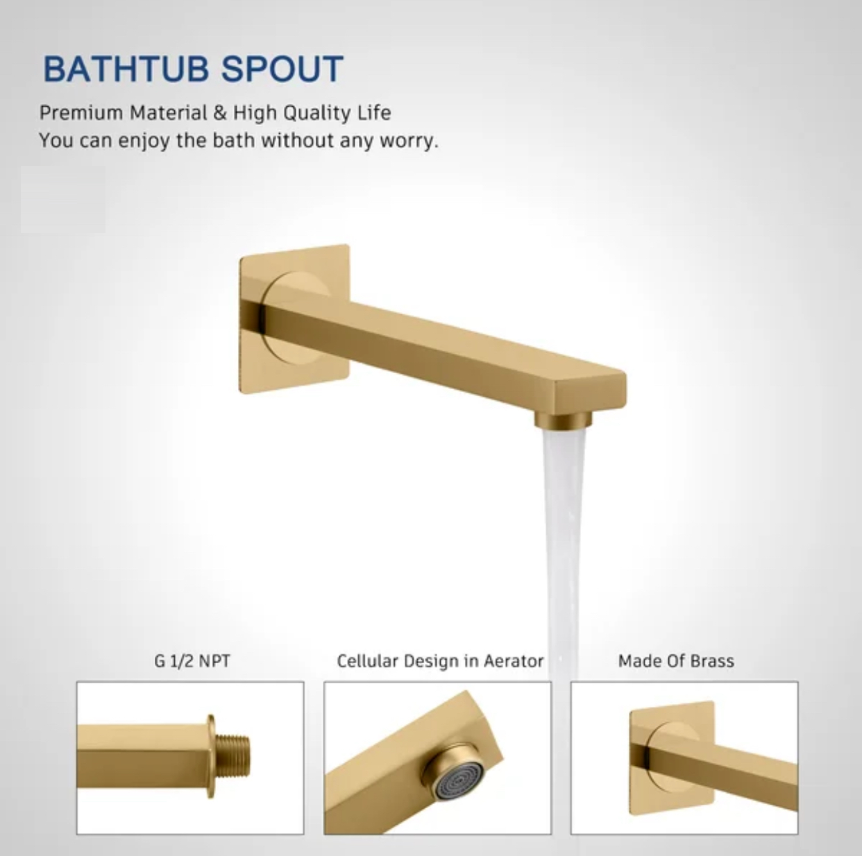 Side view of MAX Faucets brushed gold 7 inch wall mounted tub spout for bathtub