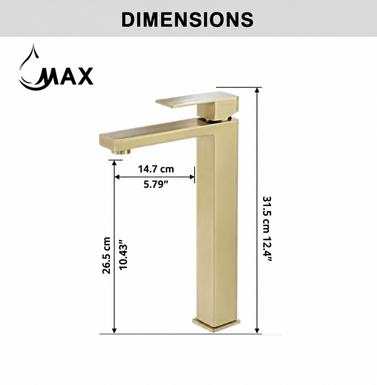 A single-handle bathroom faucet shown with dimension labels and measurements on a white background, under a gray header that reads DIMENSIONS. The faucet has a brushed gold/brass finish, and the image includes the brand name MAX with a water droplet logo.