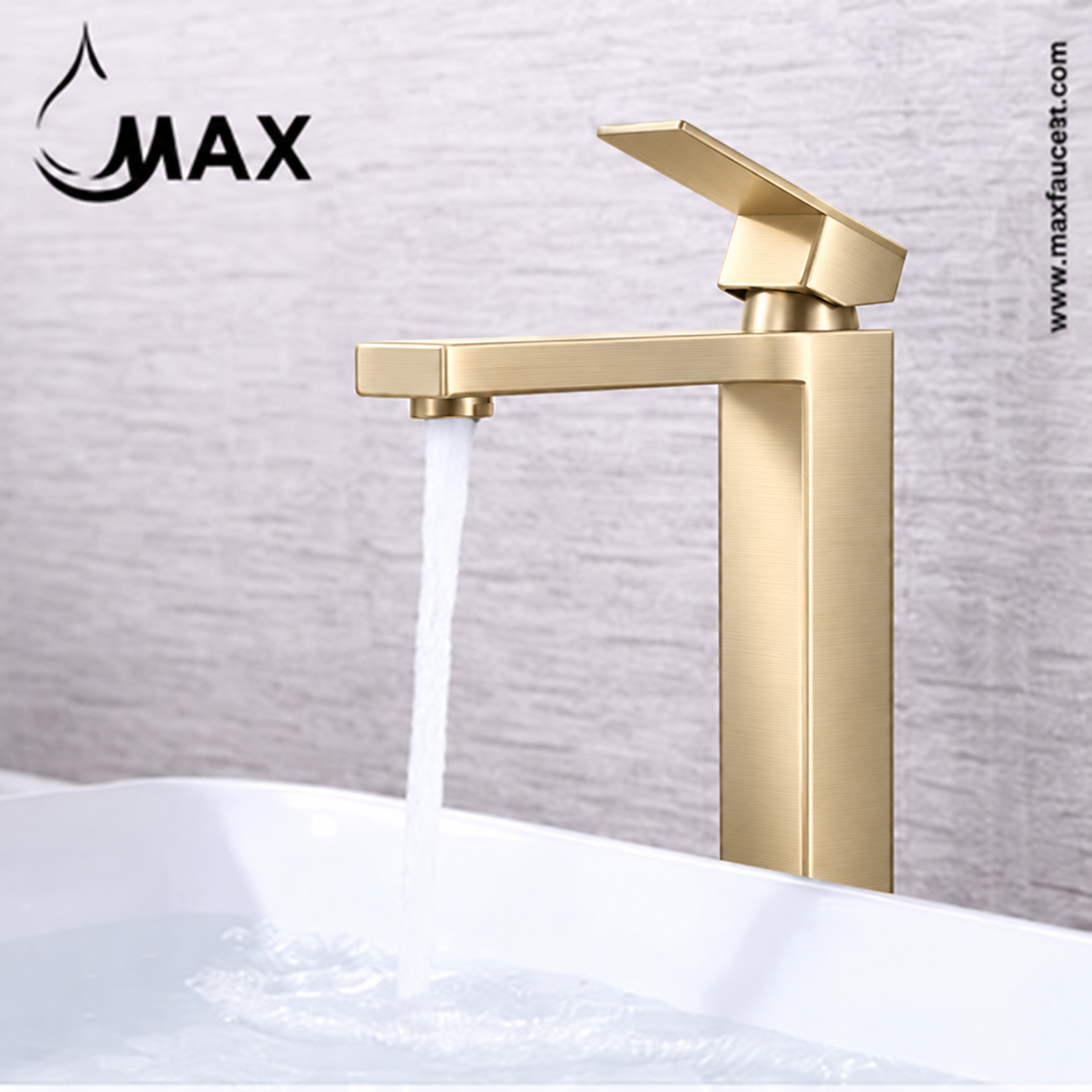 A modern single-handle bathroom faucet in brushed gold finish, shown with water flowing from the spout into a white sink. The background is a light gray textured wall, with the brand name 'MAX' and website printed on the top corners.