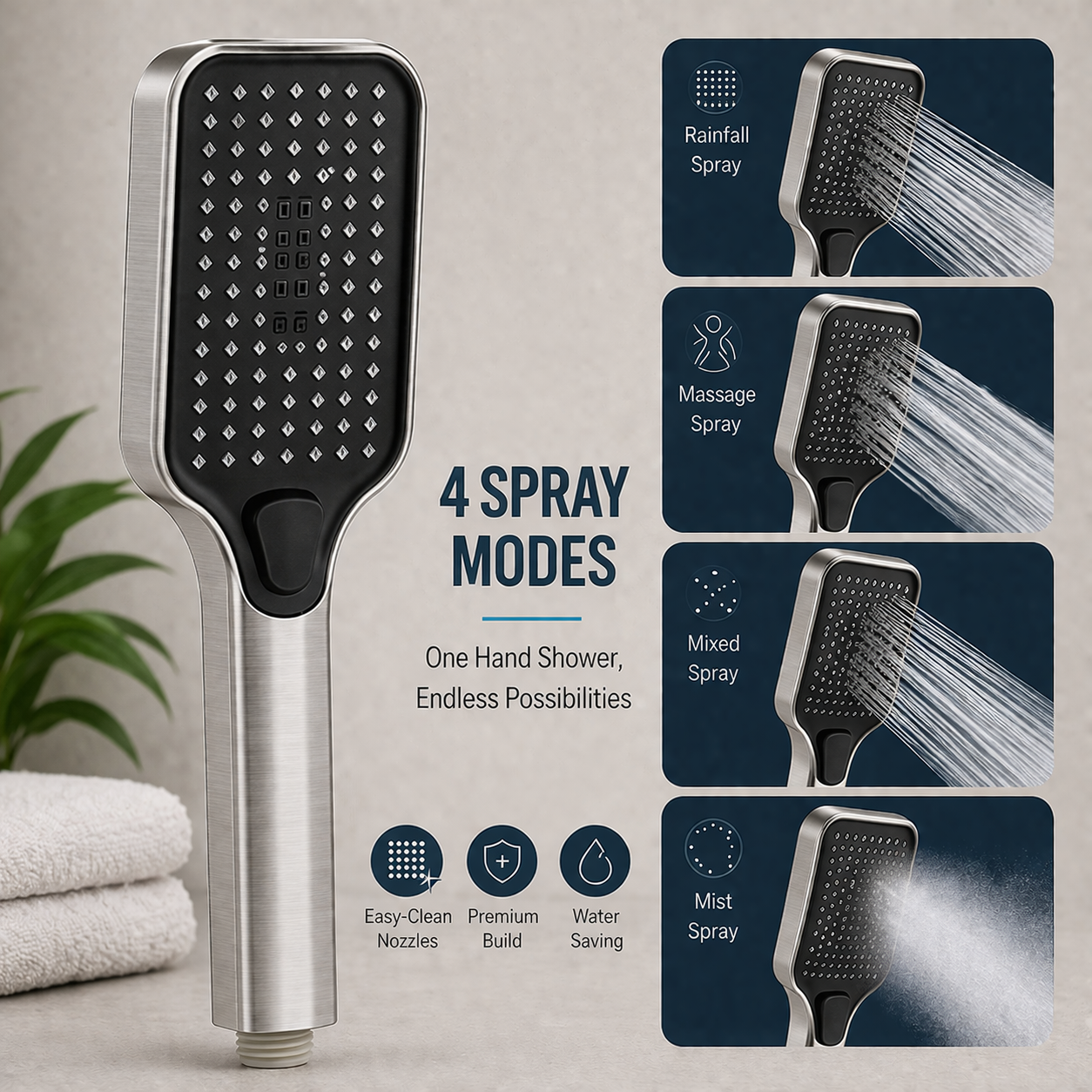 Square brushed nickel handheld shower with four spray modes