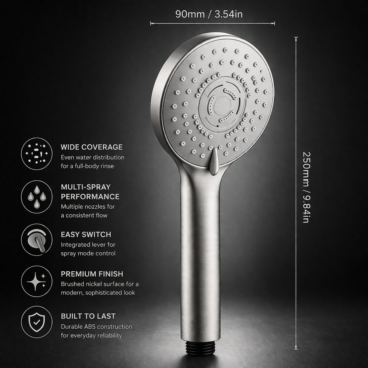 Round brushed nickel handheld shower with five spray settings size
