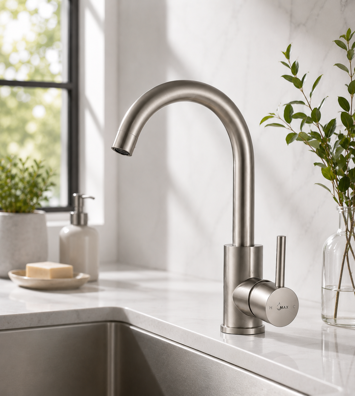 MAX Faucets brushed nickel bathroom faucet with side handle and 360° swivel gooseneck spout.