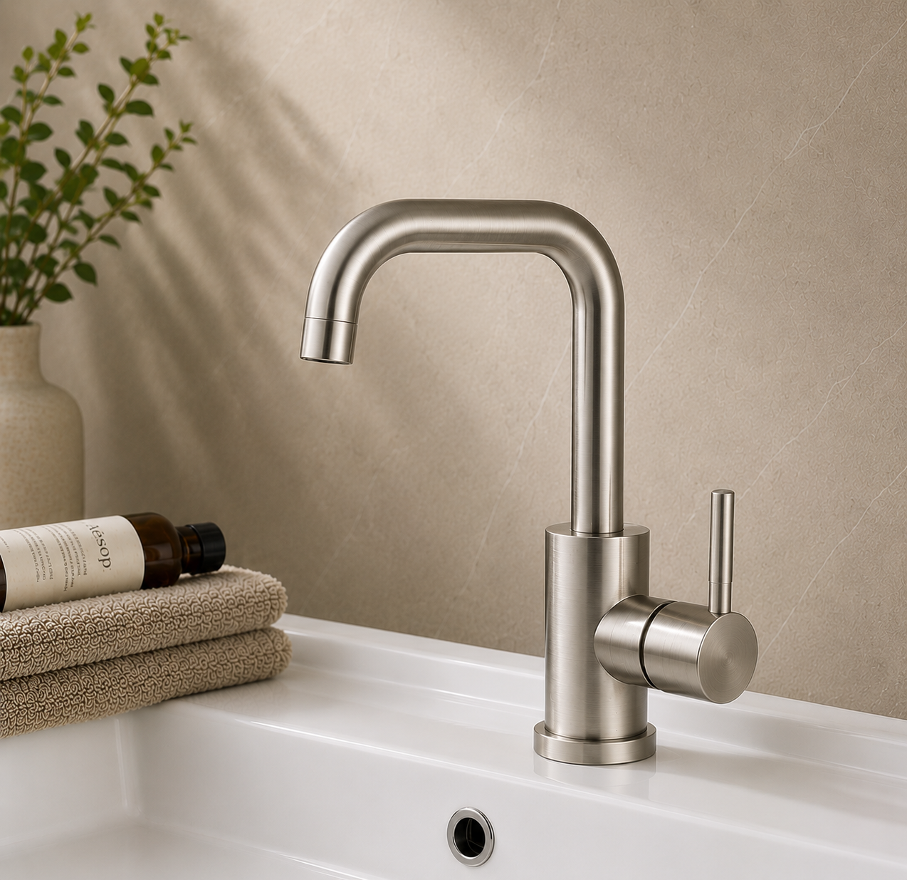 MAX Faucets brushed nickel bathroom faucet with side handle and 360° swivel spout.