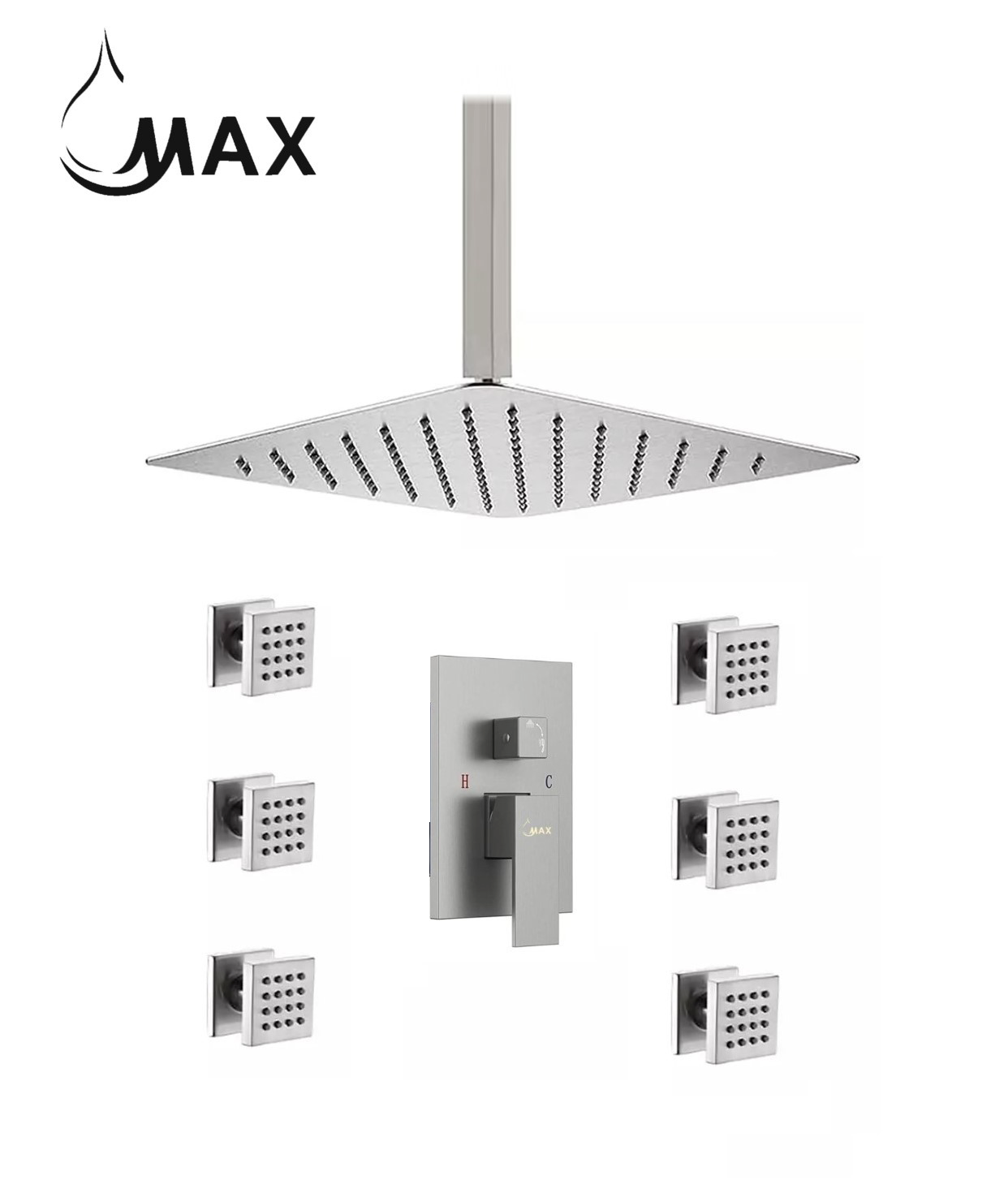 MAX Faucets brushed nickel ceiling shower system with 6 body jets
