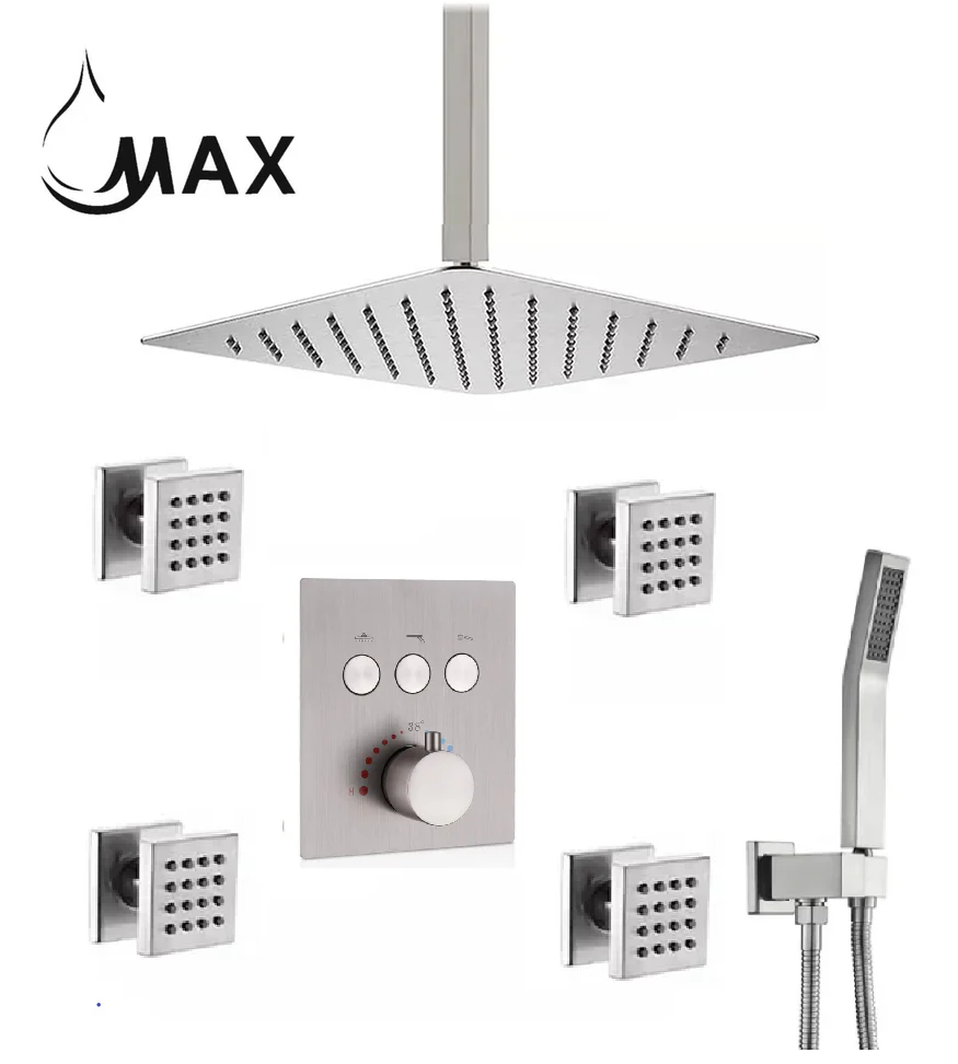 MAX Faucets brushed nickel ceiling thermostatic shower system with rainfall shower head, handheld shower and 4 body jets