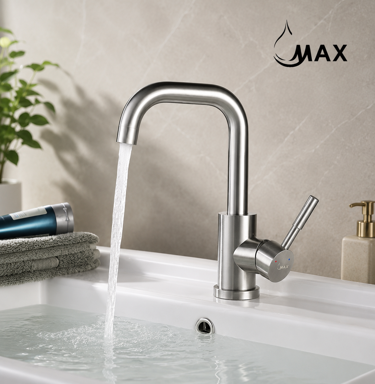 MAX Faucets brushed nickel bathroom faucet delivering smooth water flow into a bathroom sink.