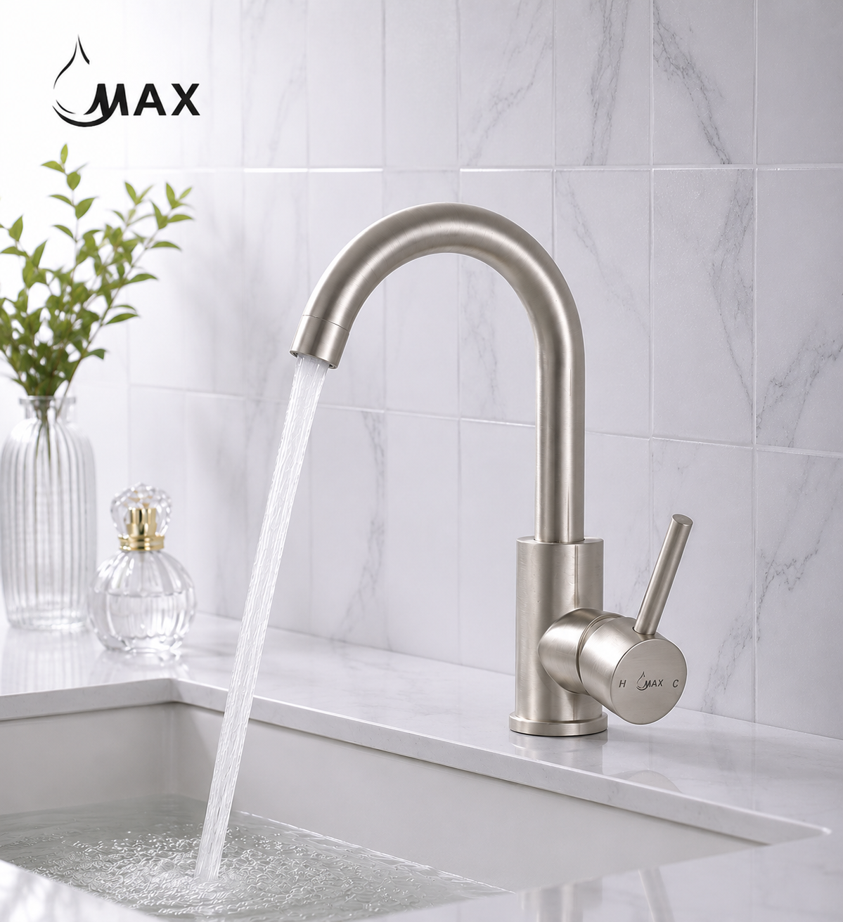 MAX Faucets brushed nickel bathroom faucet with side handle and 360° swivel gooseneck spout.