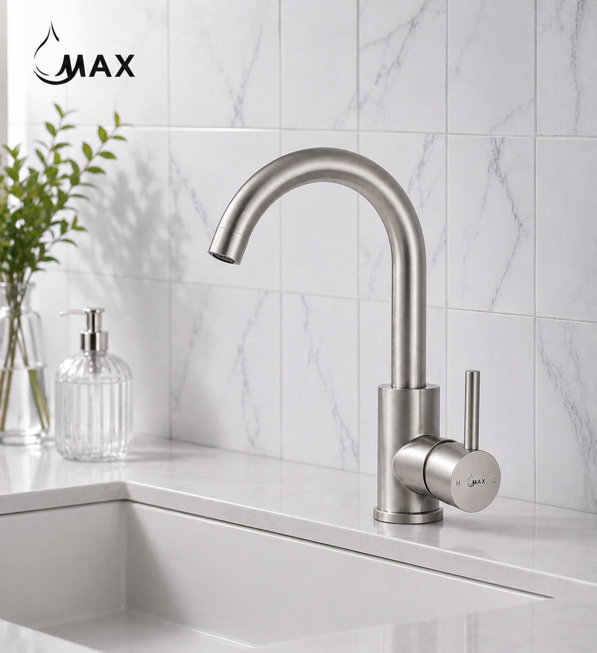 Close-up of MAX Faucets brushed nickel bathroom faucet showcasing its premium finish and side handle.