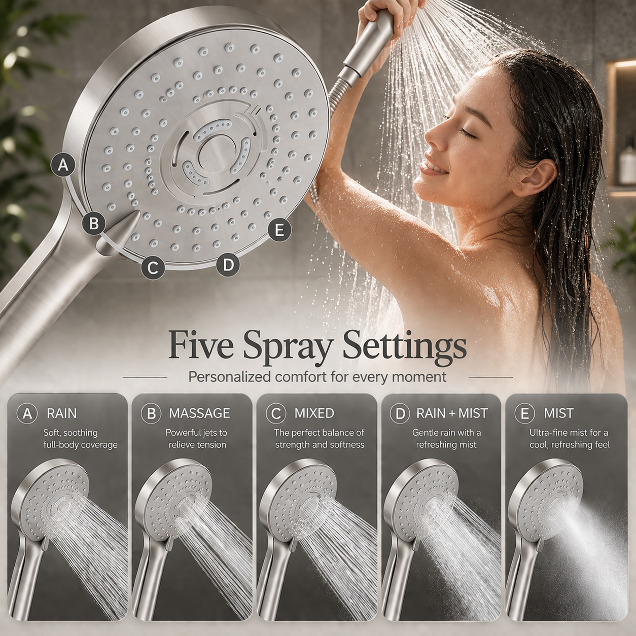 Person using brushed nickel round handheld shower with adjustable spray modes