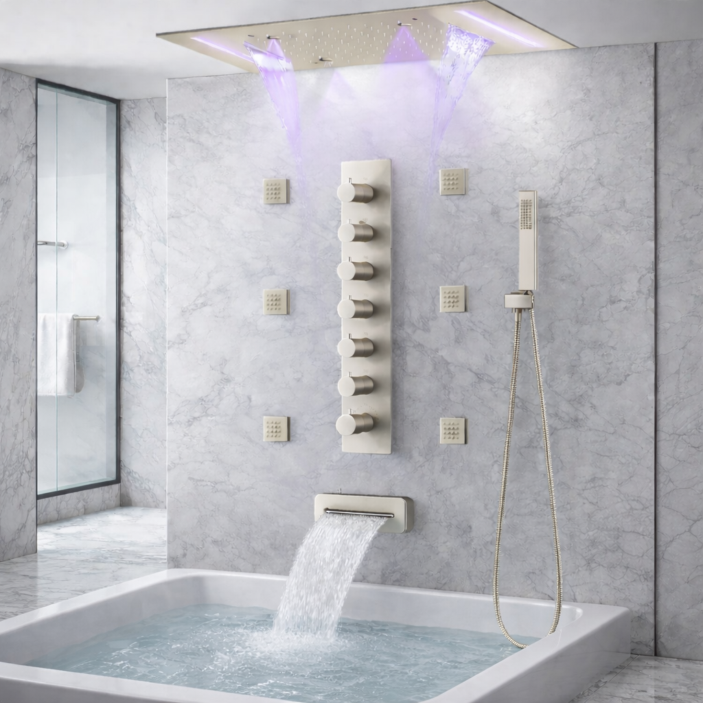 Modern bathroom featuring MAX Faucets brushed nickel LED rainfall shower system with body jets
