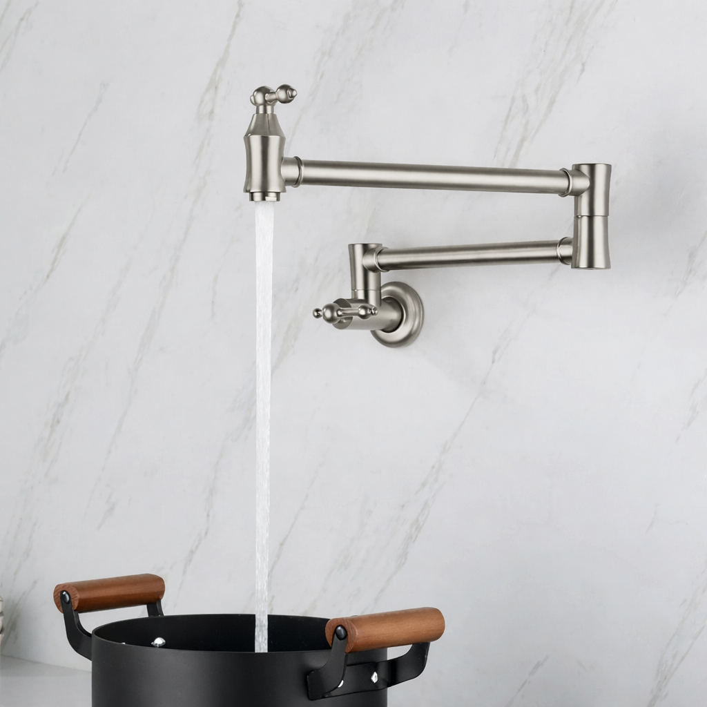 Pot Filler Faucet Double Handle Traditional Wall Mounted 27" With Accessories Brushed Nickel Finish