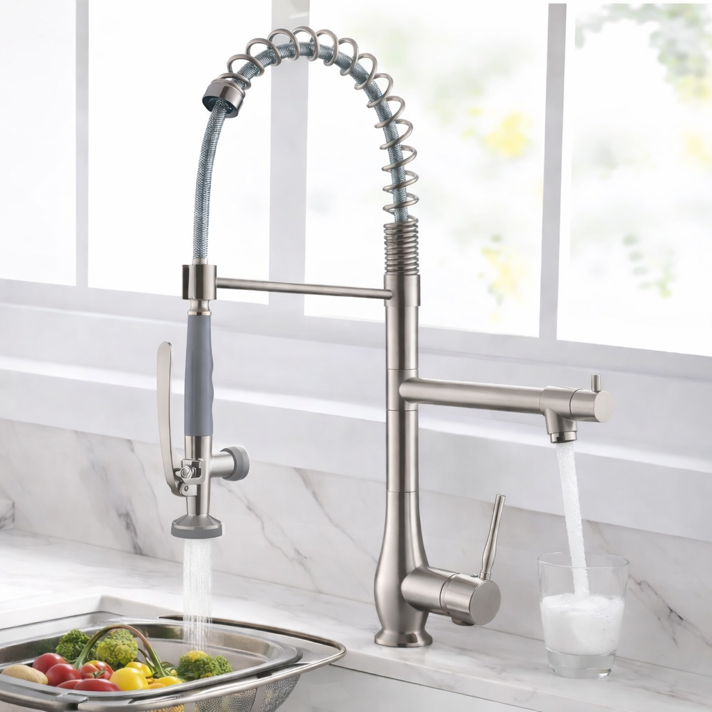 MAX Faucets 22-inch brushed nickel pre-rinse chef-style kitchen faucet with separate pot filler spout