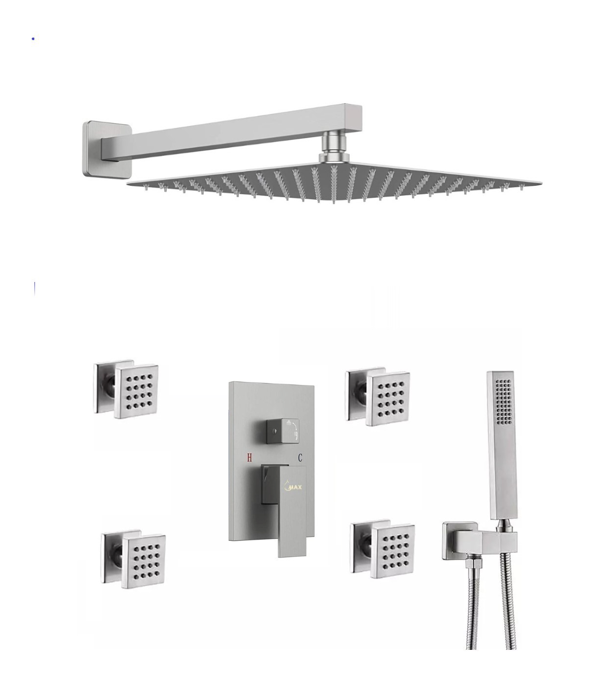 MAX Faucets brushed nickel shower system with 4 body jets, handheld shower and rainfall shower head