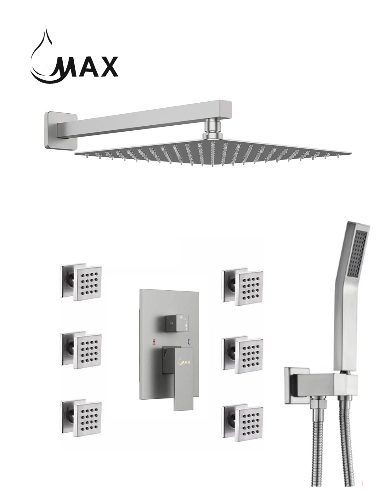 MAX Faucets brushed nickel wall shower system with rainfall shower head, handheld shower and 6 body jets