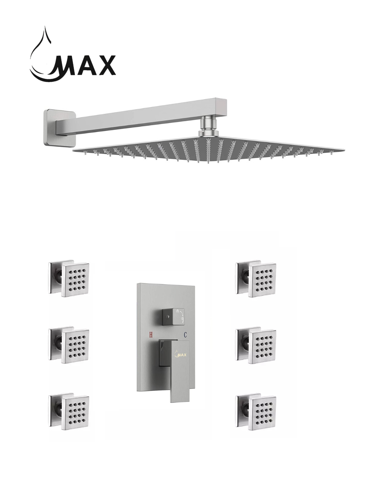 MAX Faucets brushed nickel shower system with 6 body jets