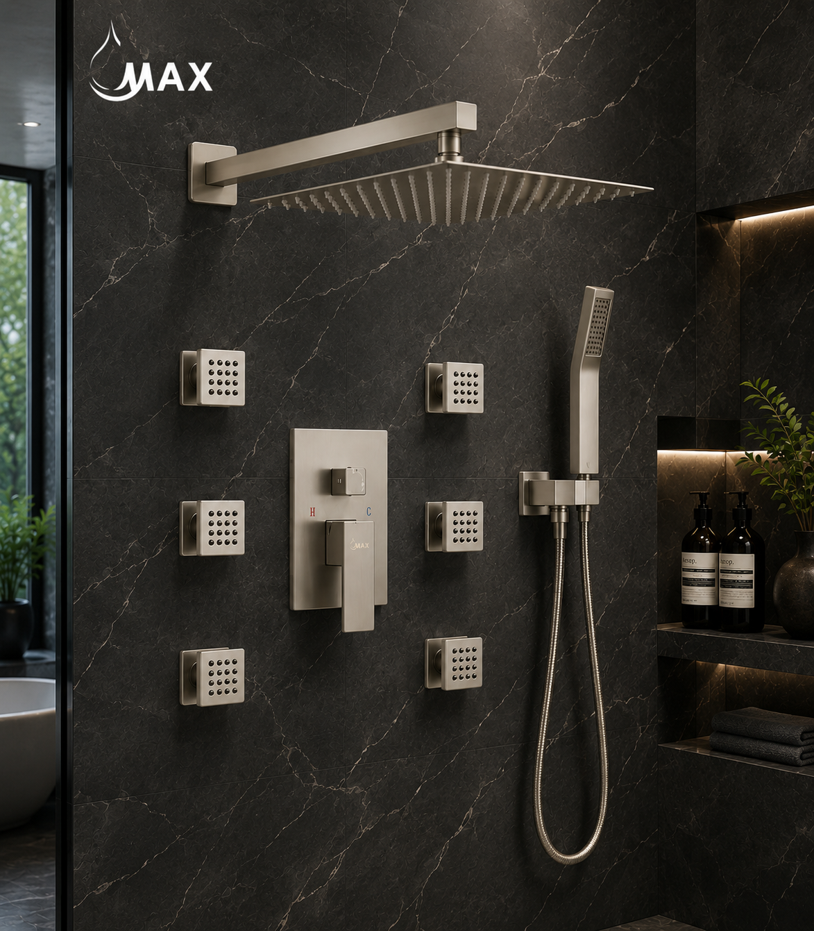Luxury dark marble bathroom featuring MAX Faucets brushed nickel shower system with 6 body jets