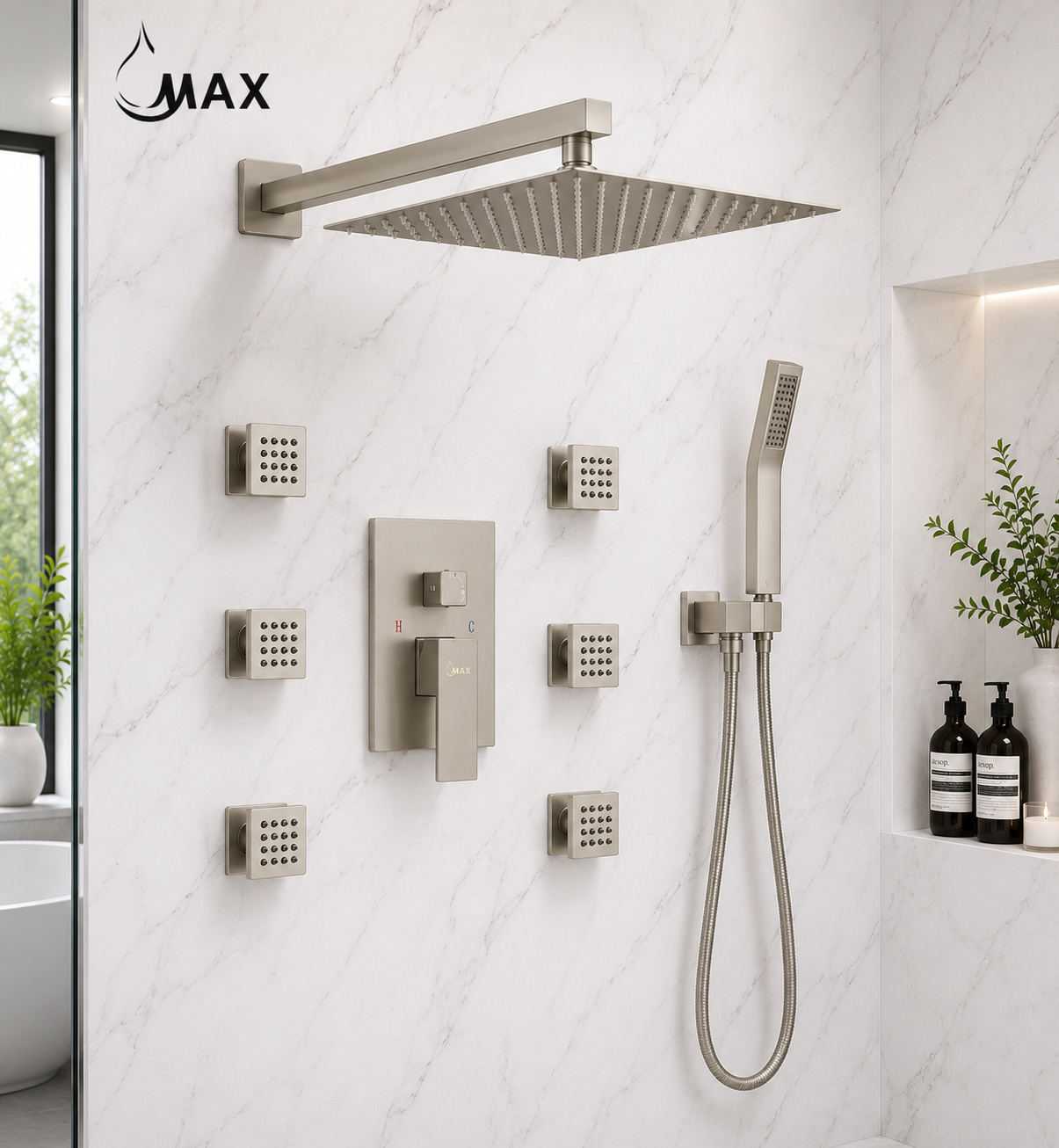 Luxury white marble bathroom featuring MAX Faucets brushed nickel shower system with rainfall shower head and 6 body jets