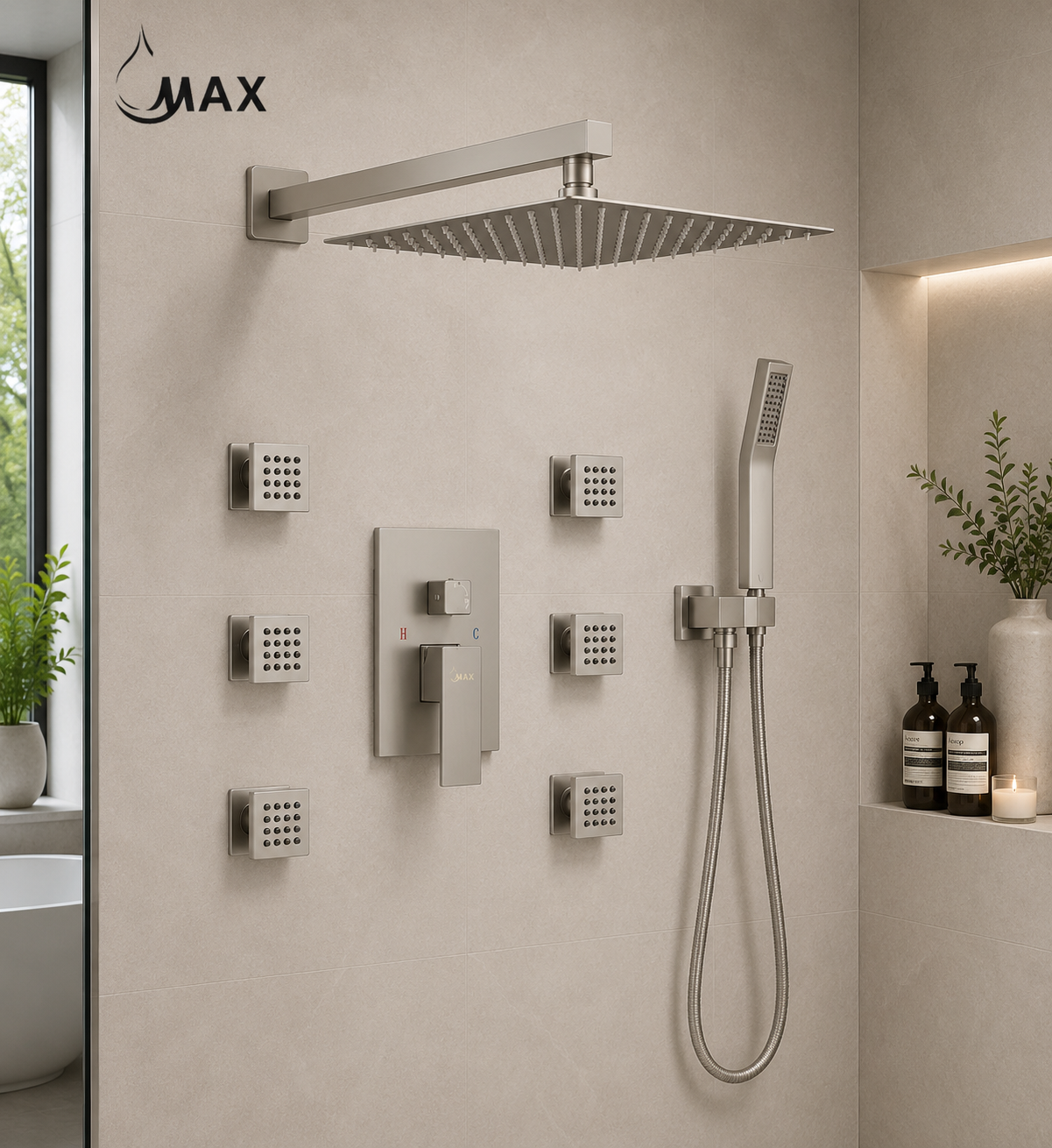 Modern spa bathroom with brushed nickel rainfall shower system and body spray jets
