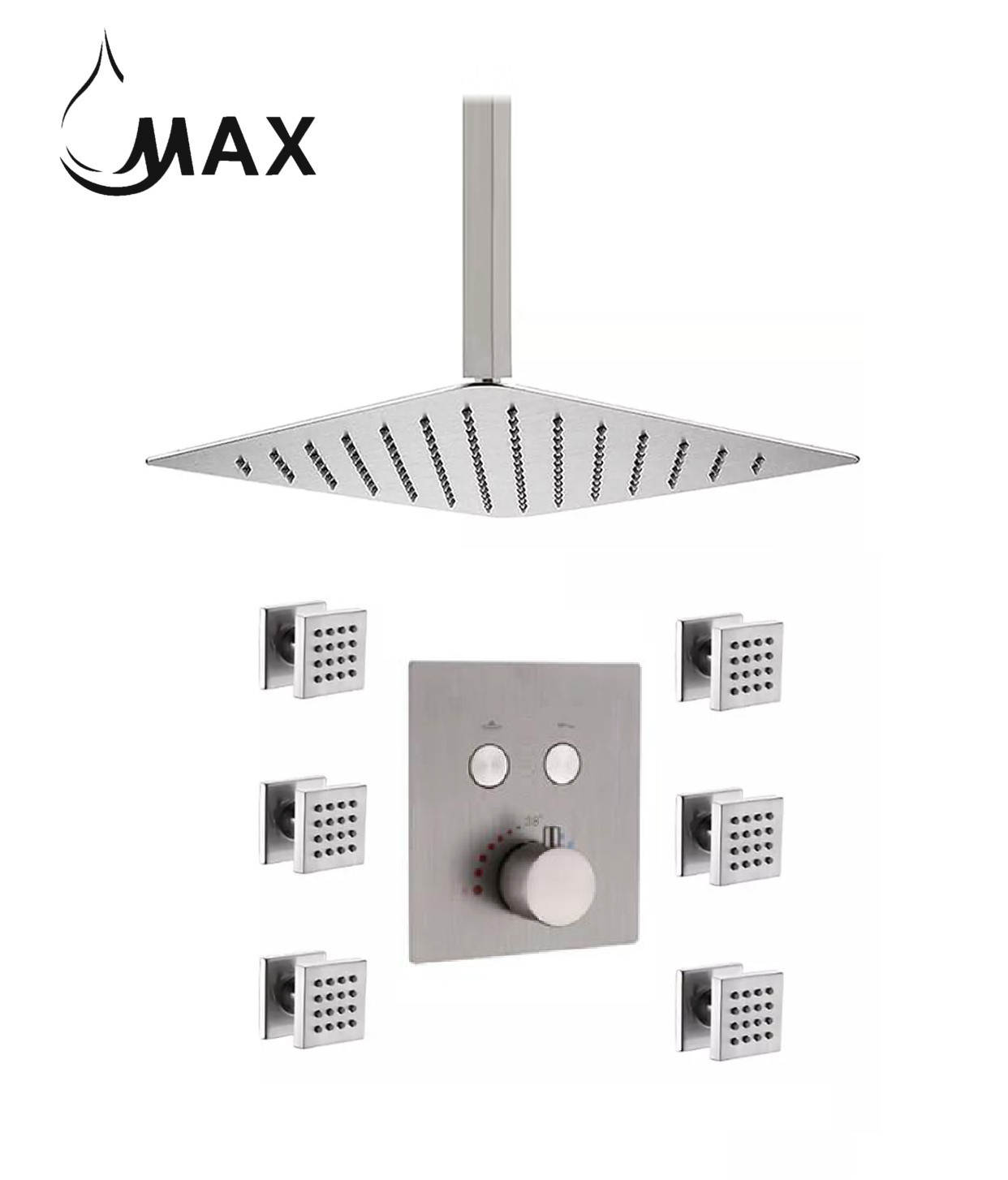 Ceiling Brushed nickel thermostatic shower system with 6 body jets by MAX Faucets