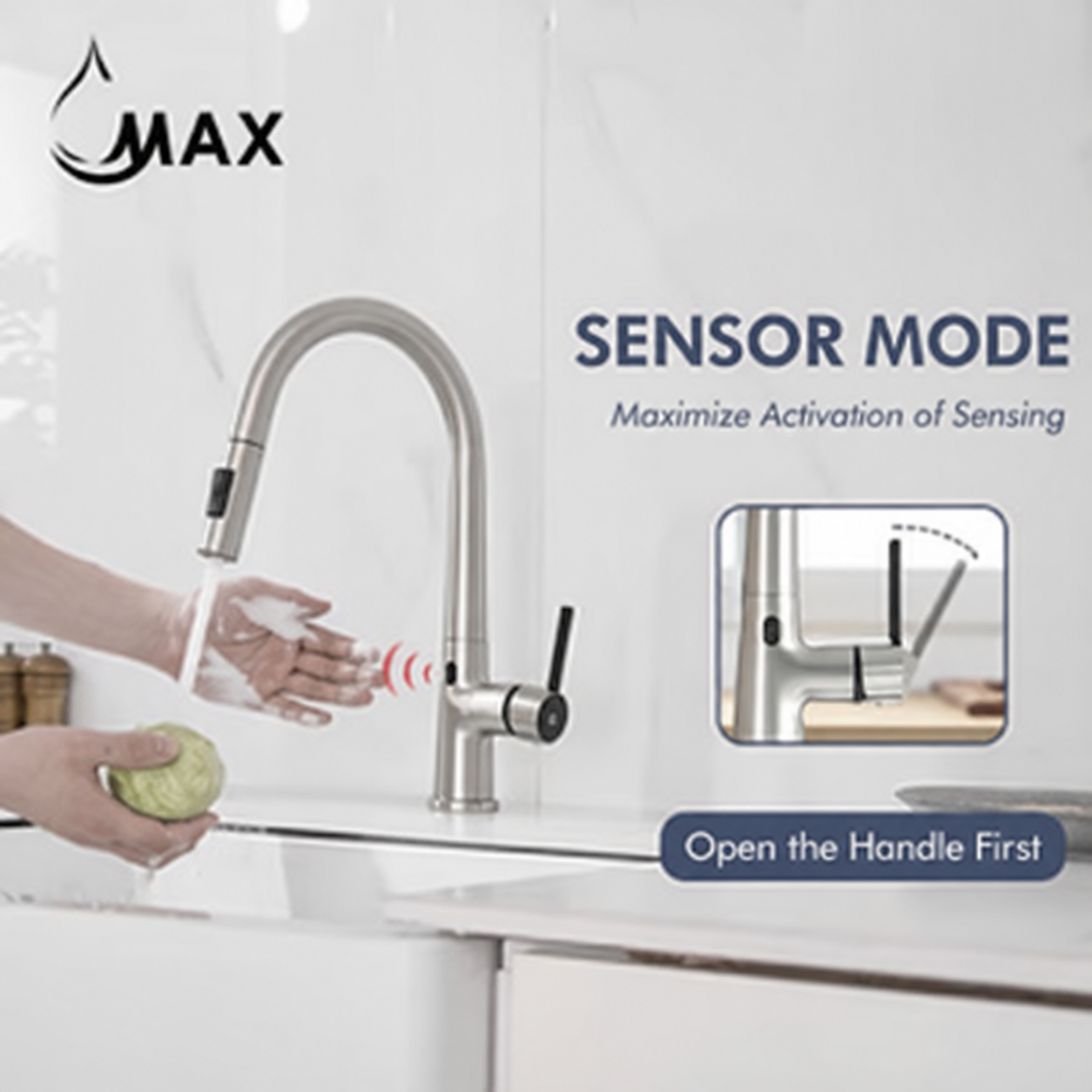 A touchless kitchen faucet with a single handle and pull-out sprayer, shown in a brushed nickel and matte black finish, installed on a kitchen counter BY MAX Faucets 