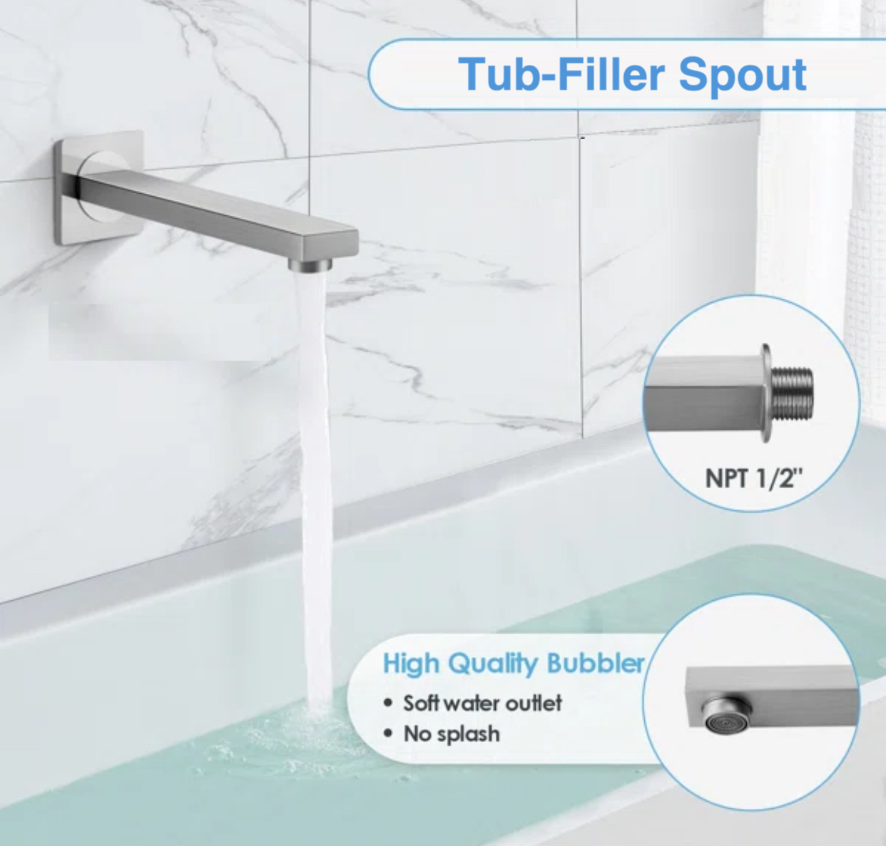 Side view of MAX Faucets 7 inch brushed nickel wall mounted tub spout