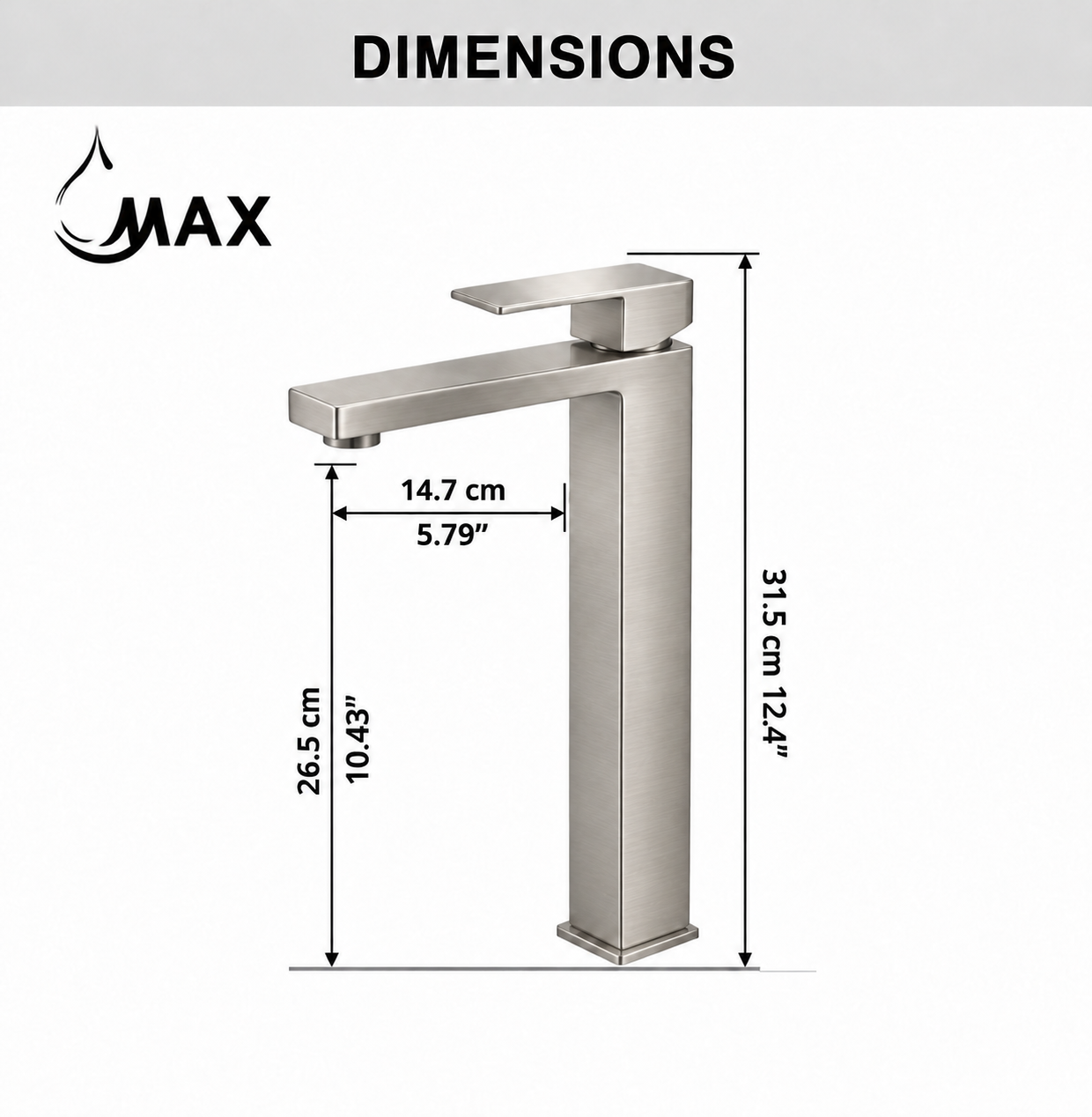 A tall modern faucet shown with dimension lines and measurements labeled 31.5 cm, 26.