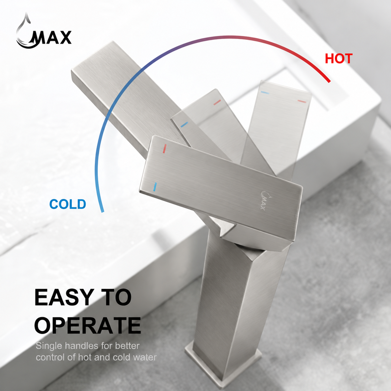 A modern single-handle bathroom faucet in brushed stainless steel, shown with water running into a person's hands over a white sink. The faucet has a sleek rectangular lever handle and a tall spout.