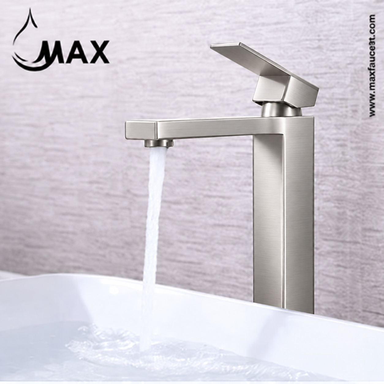 A modern single-handle bathroom faucet in brushed silver metal, shown with water flowing into a white sink against a light textured wall. The brand name MAX is visible in the top left, and a website URL is visible on the right edge.