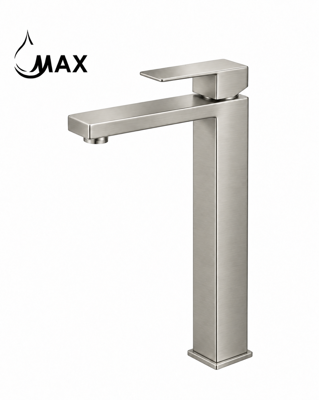 A modern single-handle bathroom faucet with a brushed nickel finish, featuring a tall rectangular pedestal base and a flat lever handle. The brand logo 'MAX' with a water droplet icon is visible in the top-left corner on a plain white background.