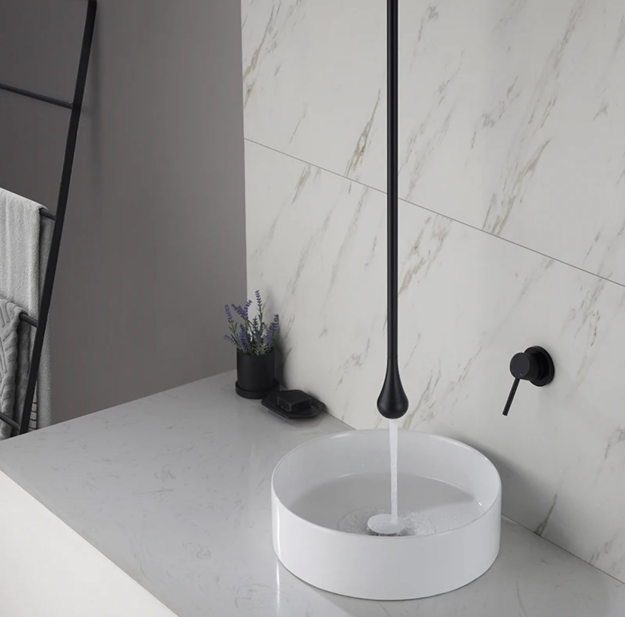 MAX Faucets ceiling-mounted bathroom faucet with wall-mounted control in a luxury contemporary bathroom
