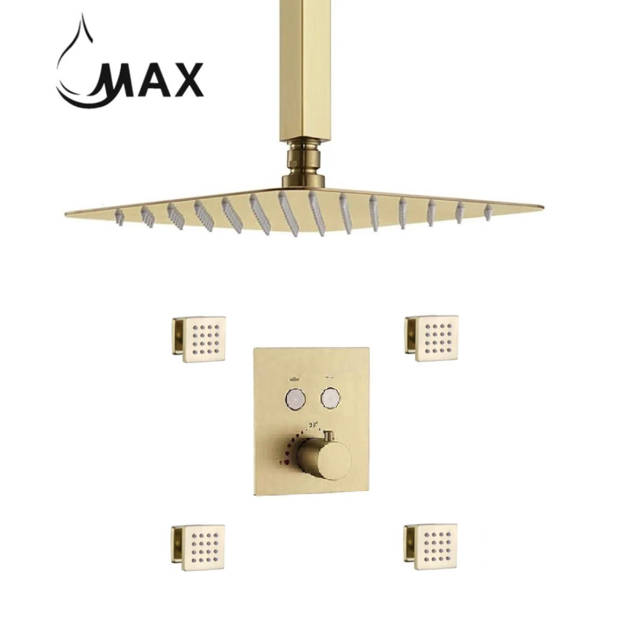 MAX Faucets ceiling thermostatic shower system with 4 body jets and brushed gold finish