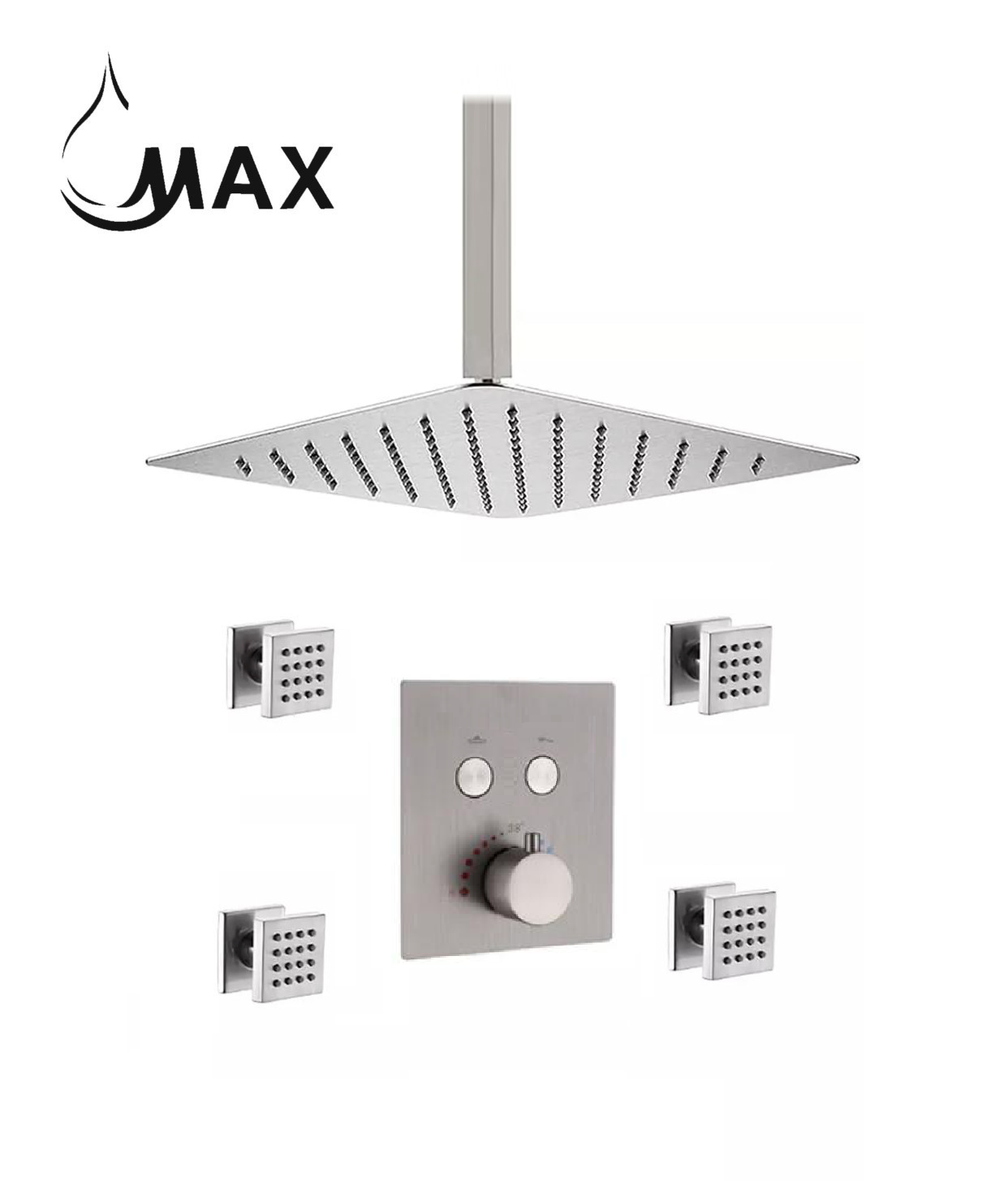 MAX Faucets ceiling thermostatic shower system with 4 body jets and brushed nickel finish