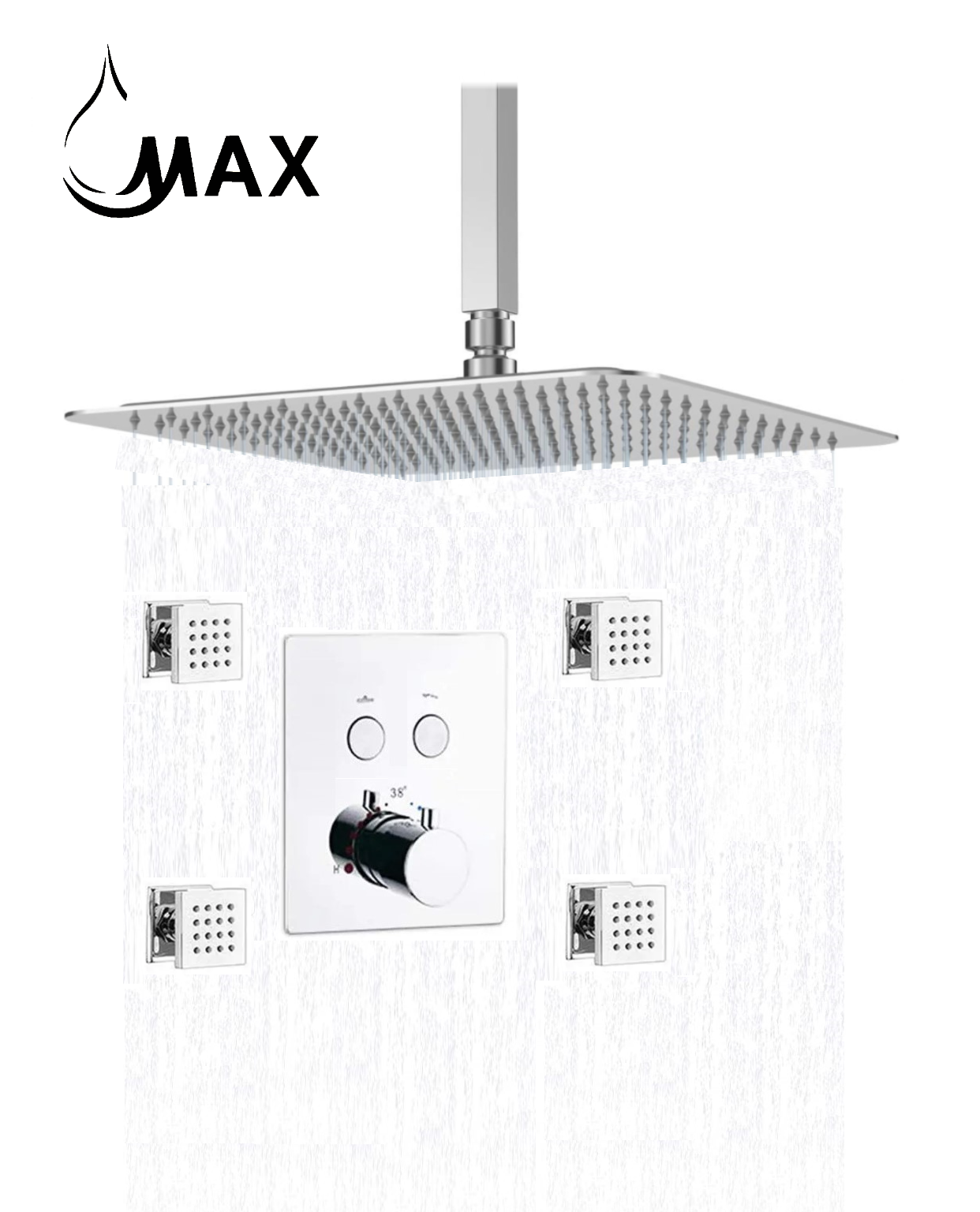 MAX Faucets ceiling thermostatic shower system with 4 body jets and chrome finish