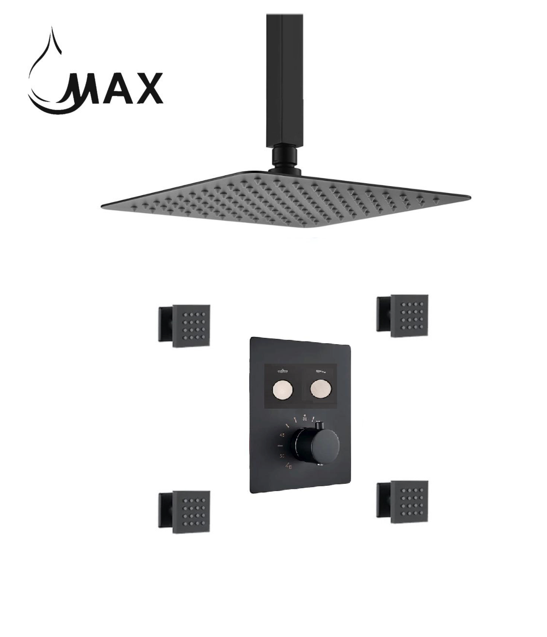 MAX Faucets ceiling thermostatic shower system with 4 body jets and matte black finish