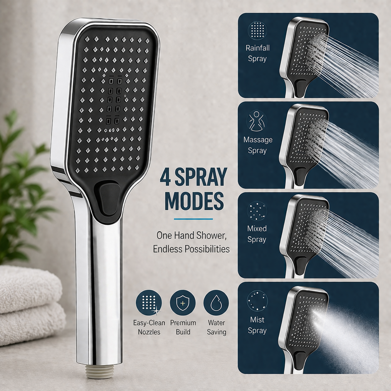 Chrome square handheld shower with four spray modes by MAX Faucets