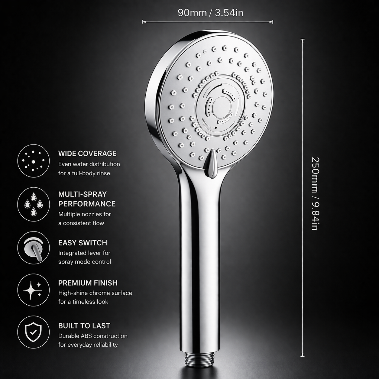 Round chrome handheld shower with five spray settings