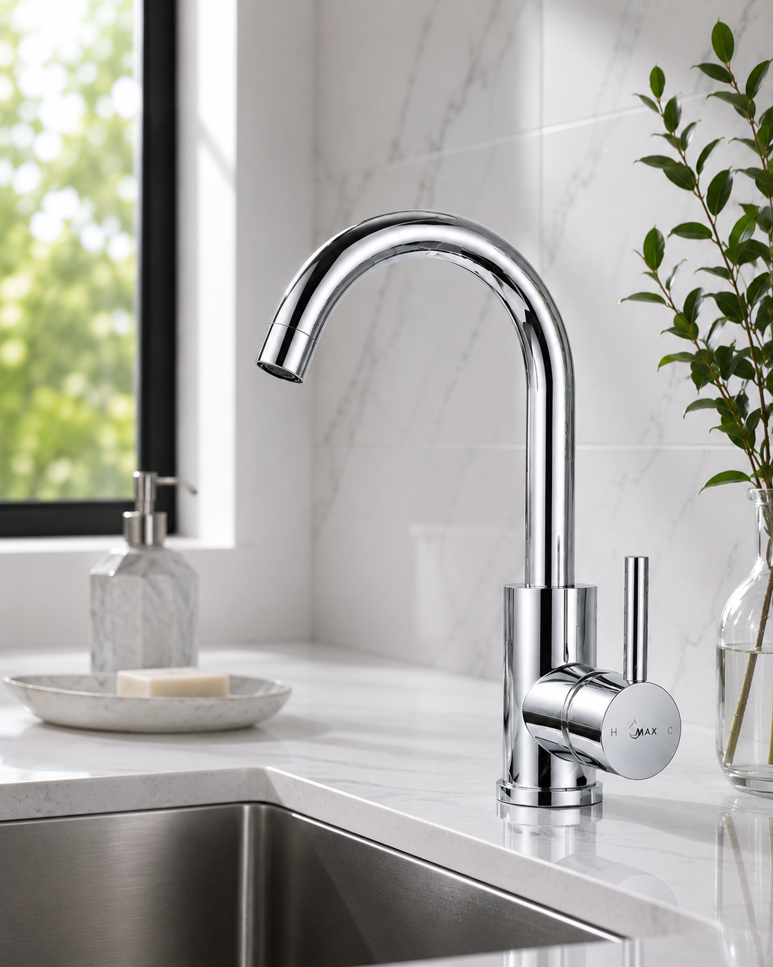 MAX Faucets chrome bathroom faucet with side handle and 360° swivel gooseneck spout.
