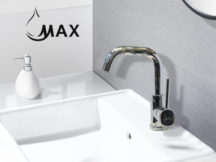 MAX Faucets bathroom faucet with chrome finish, side handle, and 360° swivel gooseneck spout.