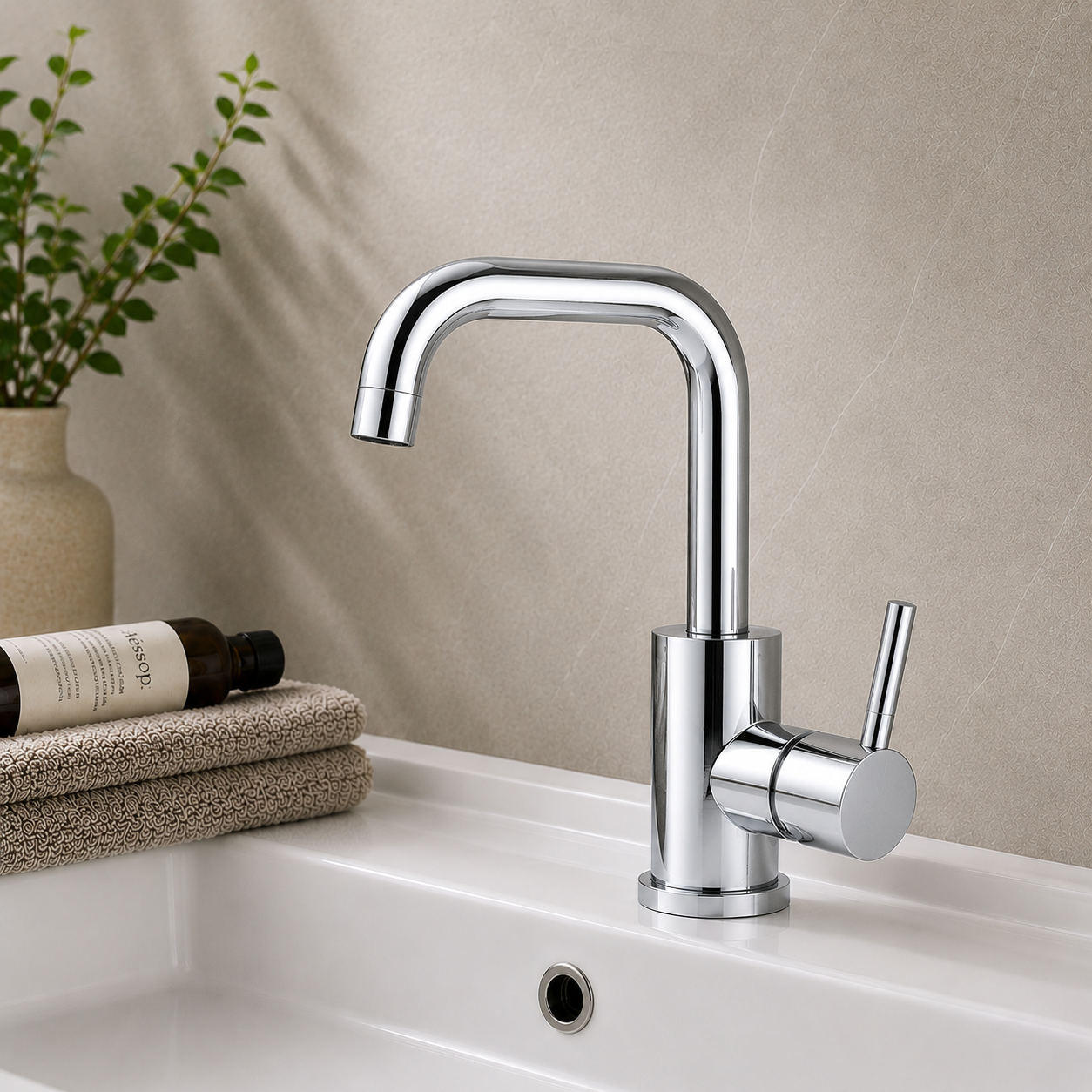 MAX Faucets chrome bathroom faucet with side handle and 360° swivel spout.