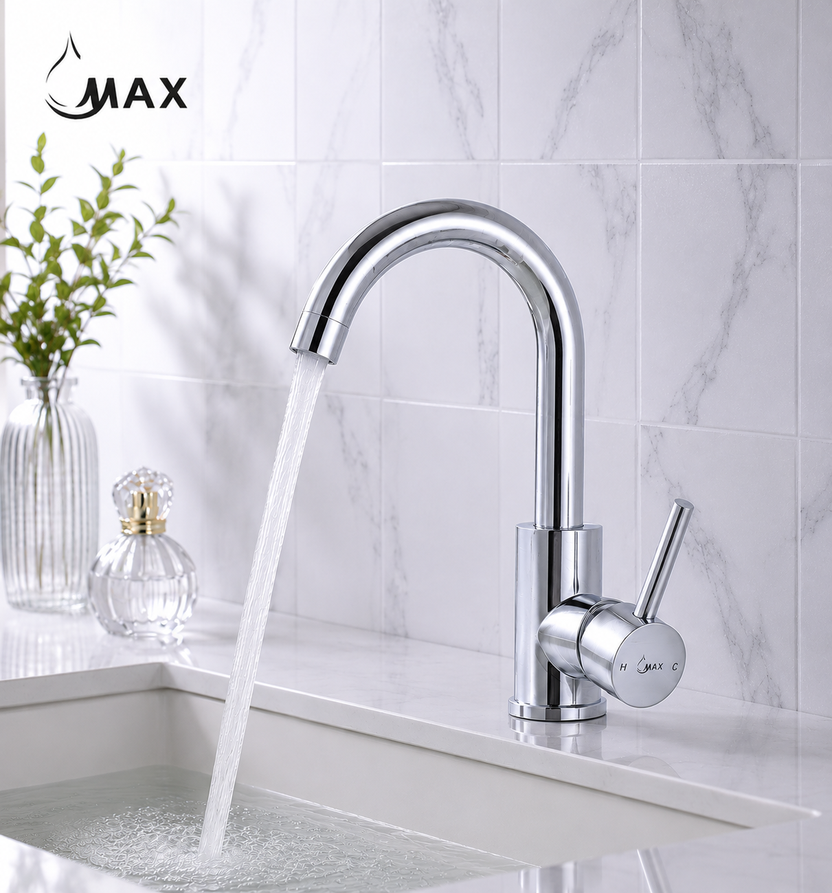 MAX Faucets chrome bathroom faucet with side handle and 360° swivel gooseneck spout.