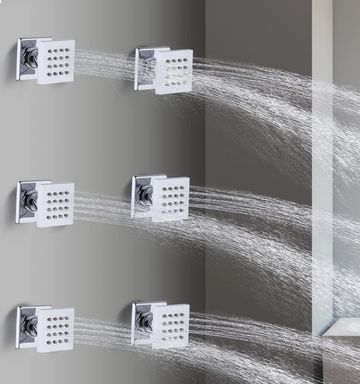 Luxury chrome shower system with 6 body sprays
